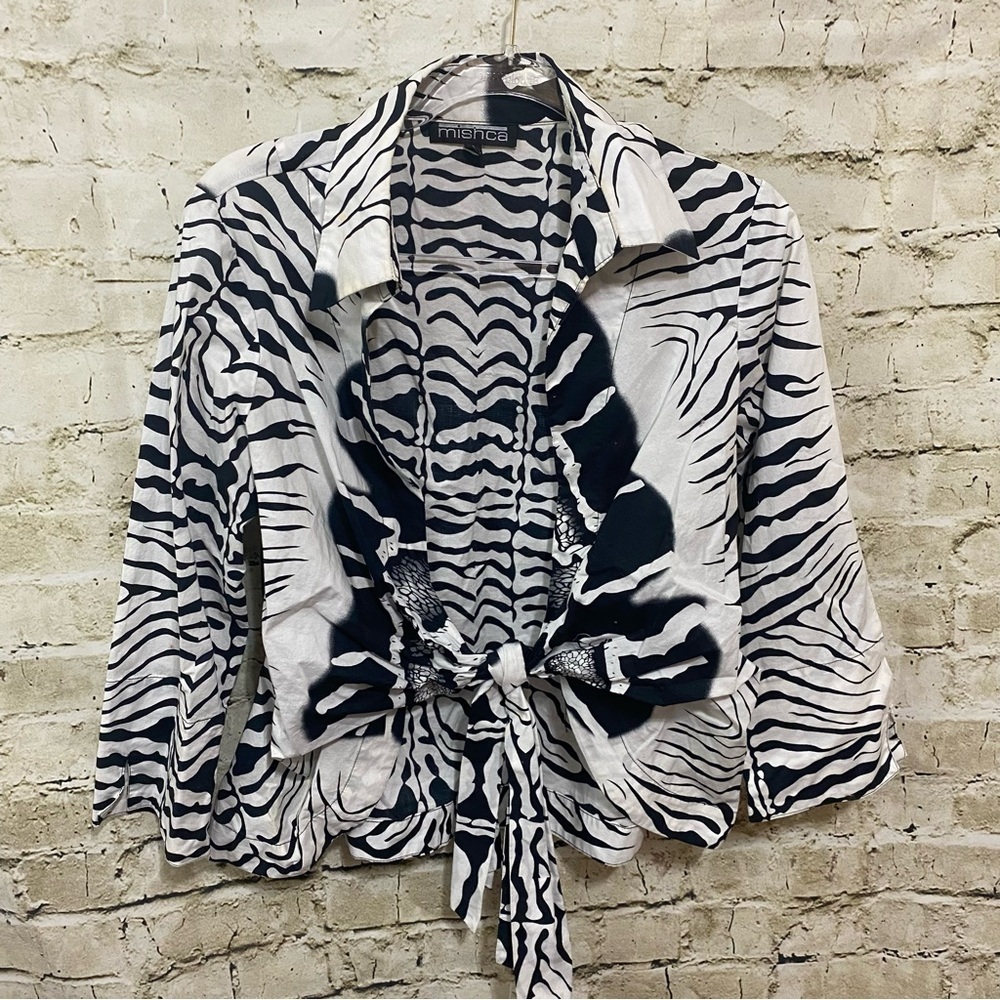 MISHCA Tie Front Wrap Blouse Black White Zebra Collared Top
